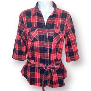 Forever 21 Navy Red Cotton Plaid Button Down Tie Front Top M